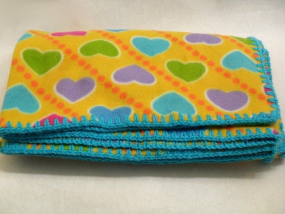 Hearts Fleece Blanket with Turquoise Crochet by AddSomeStitches