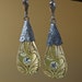 Czech Art Nouveau Chartreuse Molded Glass Drops with Rhinestone Center and Silver Tone Findings Earrings Marked Signed