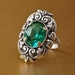 Large Czech Silver and Emerald Green Glass Oval Stone Victorian Ring size 6