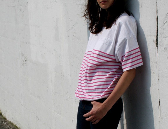 Pink Striped Short Sleeve Shirt with Front Pocket