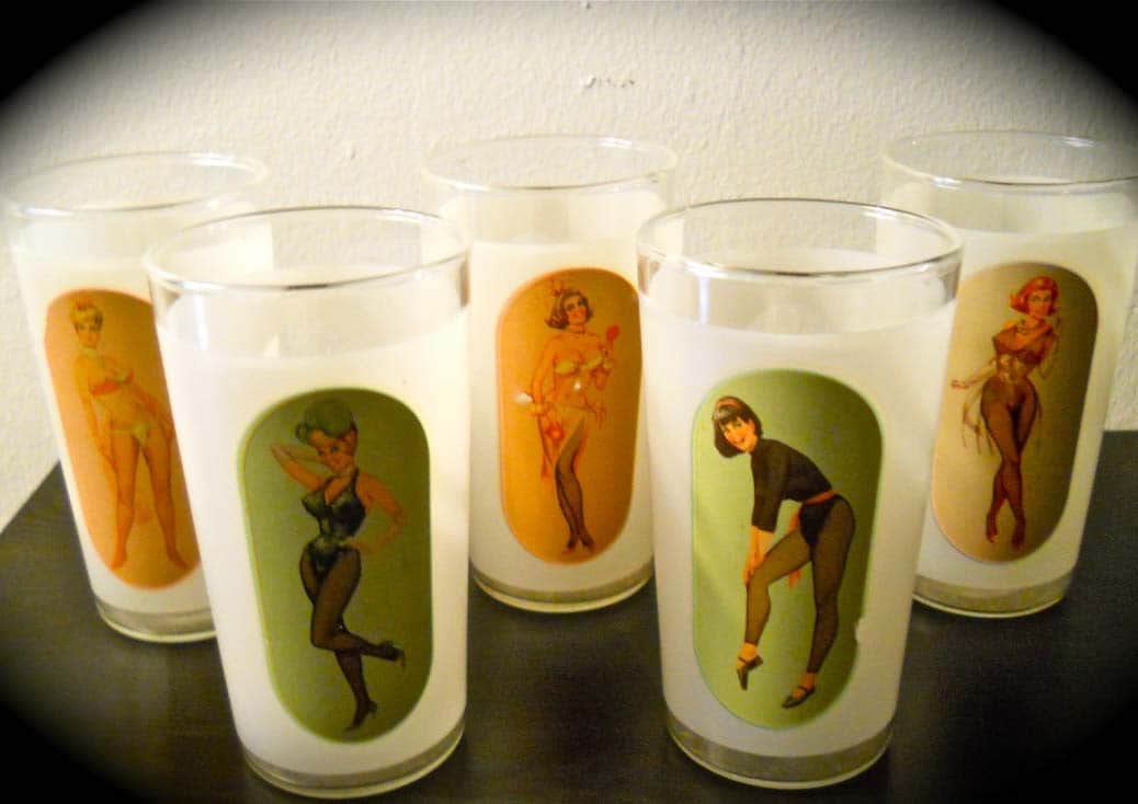 1940s Risque Pin-up Girl Drinking Glass Clothes On & Off