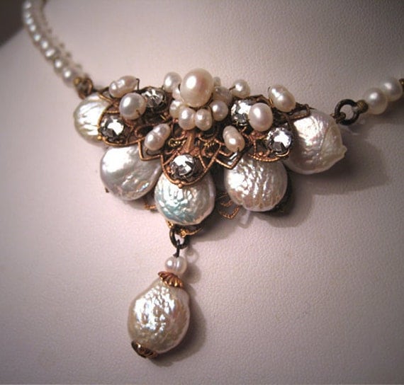 Designer Baroque Pearl Necklace with Filigree Vintage Inspired