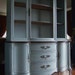 Lightly Distressed French Country Hutch in a French Grey-Blue with Walnut Wood top and antiqued Chicken Wire