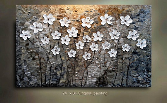 ORIGINAL 36x24 White Flower Abstract Painting tan Floral