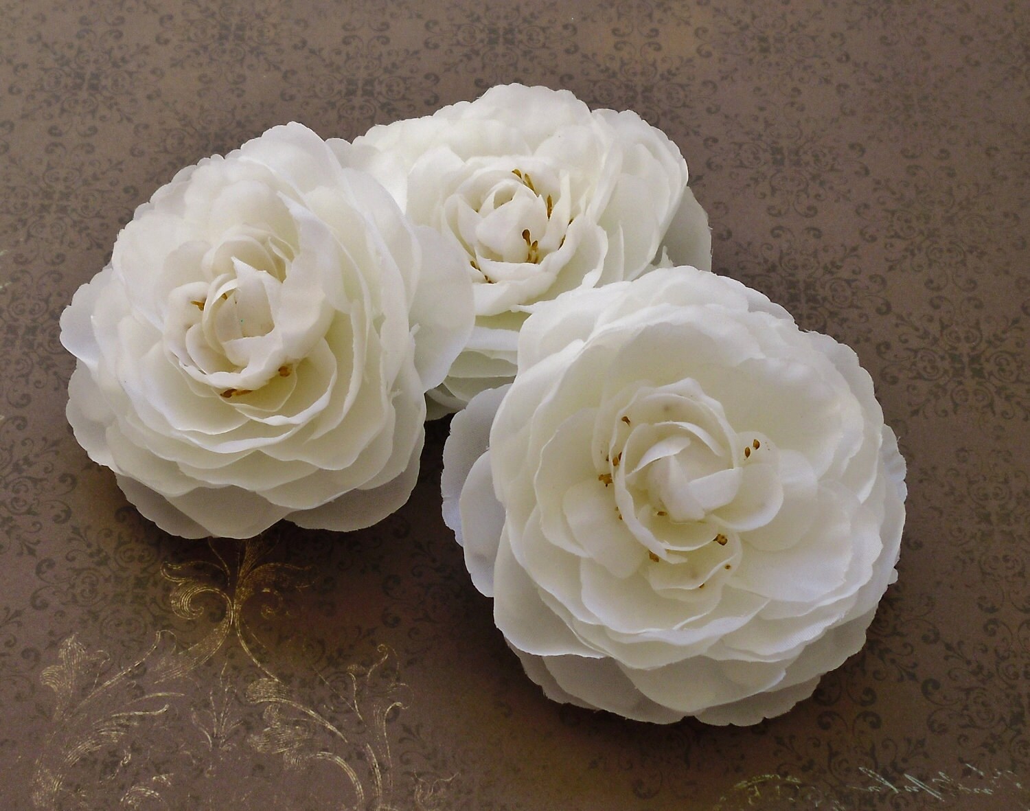 Silk Flowers Three Artificial Ranunculus in Cream White