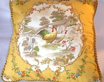 Country French Cottage Rooster Pillow Provence Yellow Ivory Toile Hens Americana