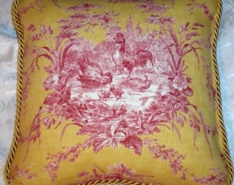 Country French Cottage Rooster Pillow Provence Yellow Ivory Toile Hens