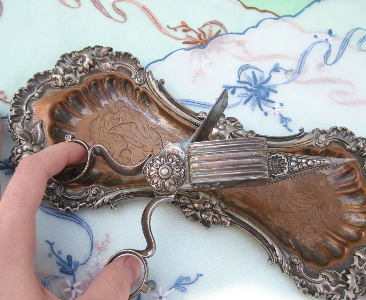 Ornate Unusual Antique Candle Snuffer Scissors with Silver
