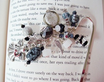 Angel Bookmark, Black Bookmark, Beaded Bookmark, Angel Wings Bookmark, Black and Silver Bookmark, Gift for Her, Silver Bookmark