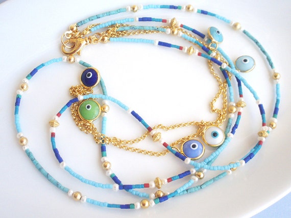 Turkish Evil Eye Lucky Charm Layered Necklace With Natural