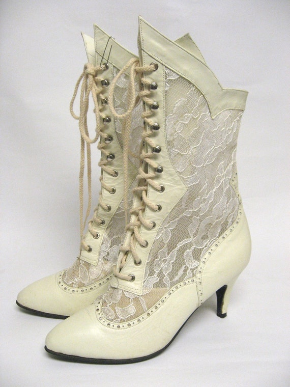 white lace up granny boots