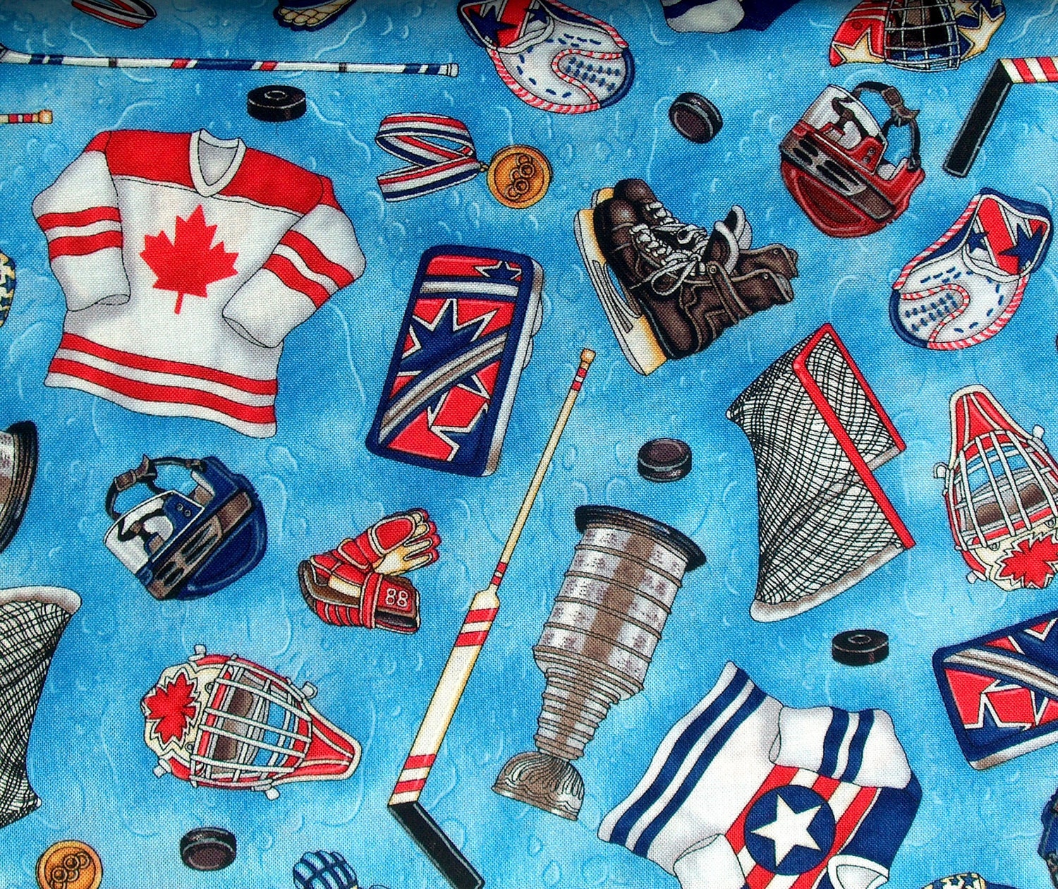 Reserved 2 yards of cotton fabric with hockey items