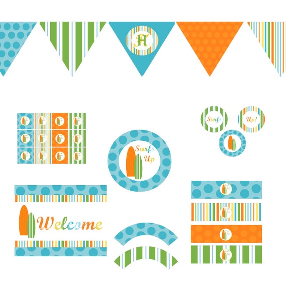 Surfer Decorations for Birthday Party or Baby Shower - DIY Boys Surf Board Printable Decor by Bee and Daisy - Instant Download Il_570xn