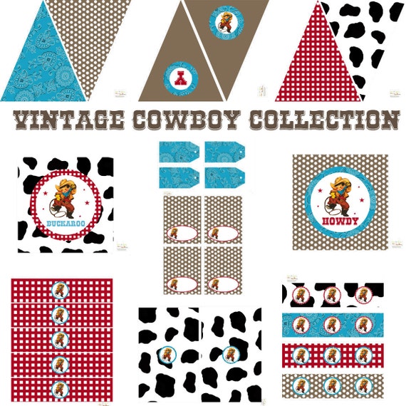 Vintage Buckaroo Cowboy FULL Decoration Set - INSTANT DOWNLOAD Printable Party Shower Cupcake Toppers Bottle Wraps Pennant Banner Favor Tags Il_570xn