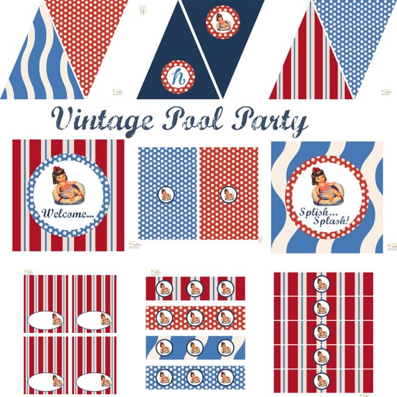 Vintage Pool Party FULL Decoration Set - INSTANT DOWNLOAD Printable Party Shower Cupcake Toppers Bottle Wraps Pennant Banner Favor Tags Il_570xn