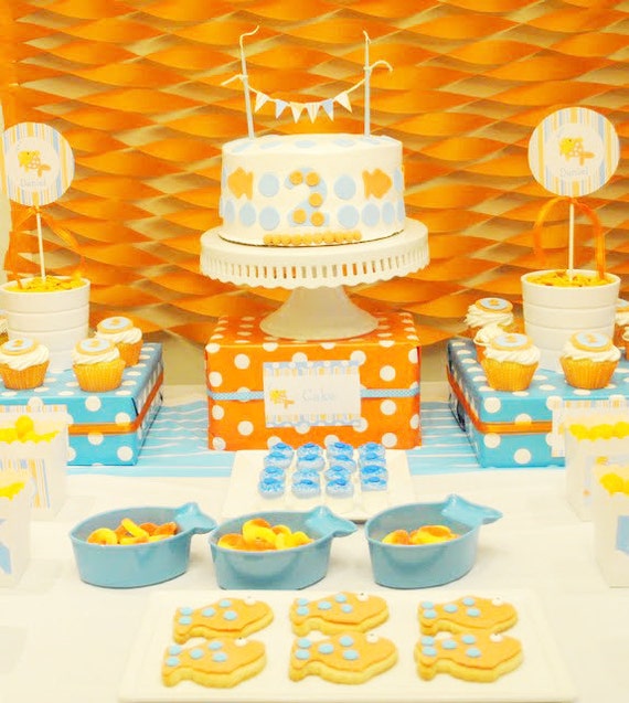 Goldfish FULL Decoration Set - INSTANT DOWNLOAD Printable Party Shower Cupcake Toppers Bottle Wraps Pennant Banner Signs Favor Tags Il_570xn