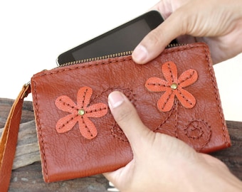 SALE, Handmade Leather Pouch, Hand Stitched Zippered Leather WristletWallet Pouch in Orange