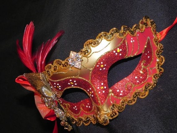 Red and Gold Venetian Masquerade Feather Mask