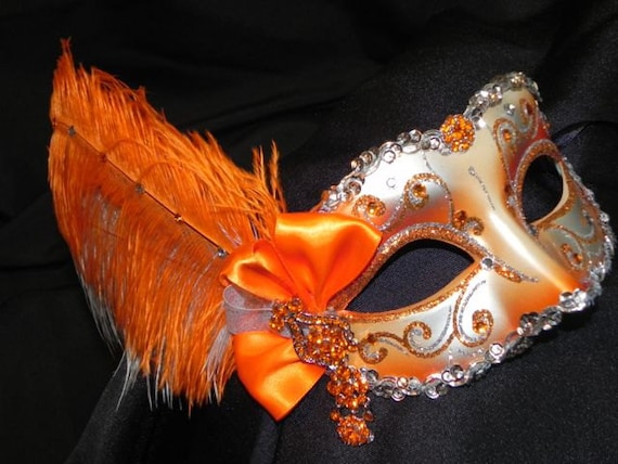 Items similar to Bright Orange and Silver Venetian Feather Mask - Made