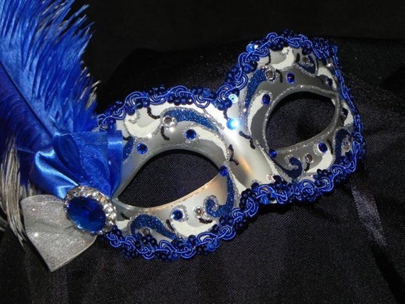 Royal Blue and Silver Feather Masquerade Mask Made to Order