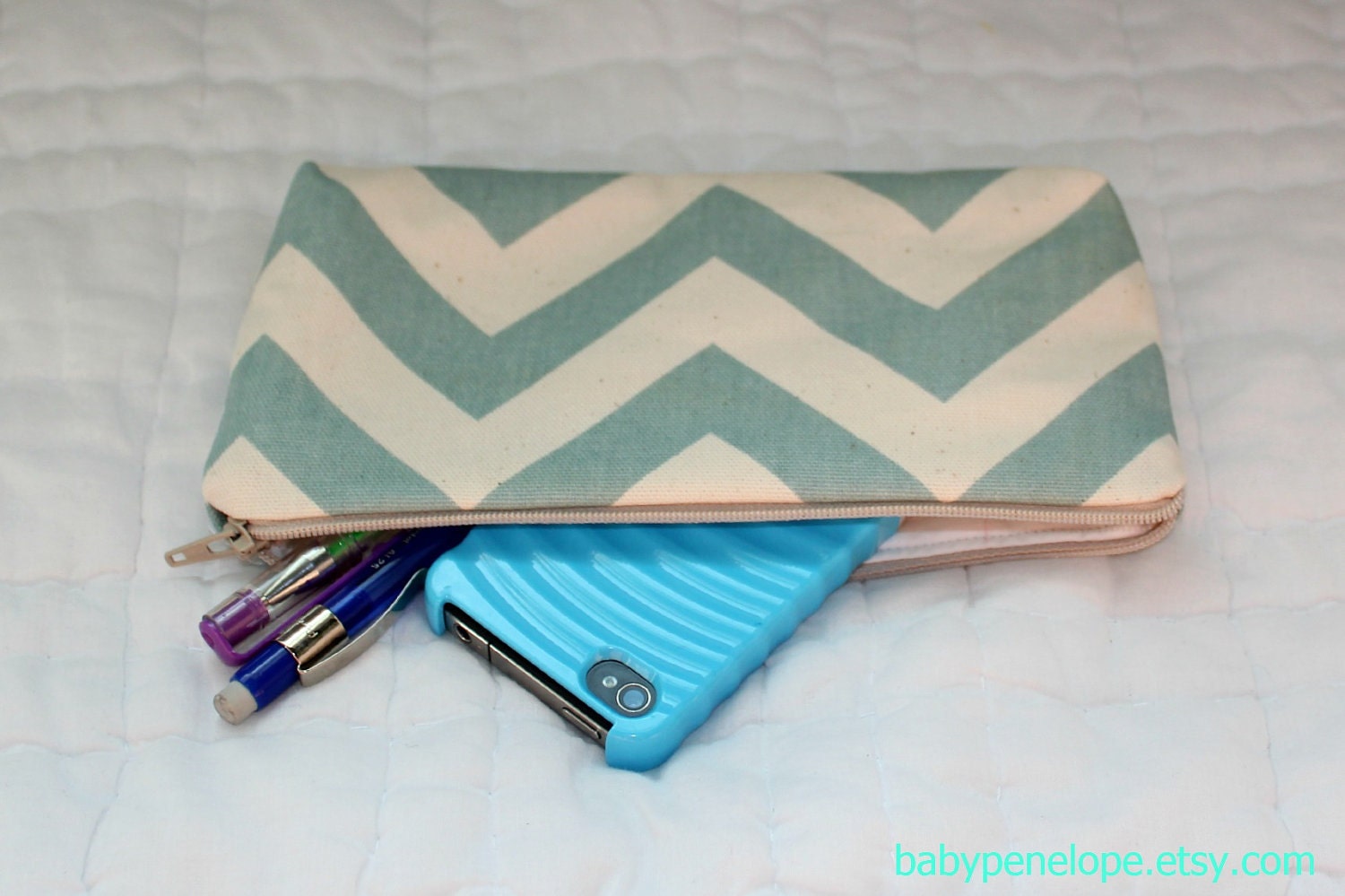Pencil Case/Cosmetic Bag/ Gadget Case Chevron Blue and