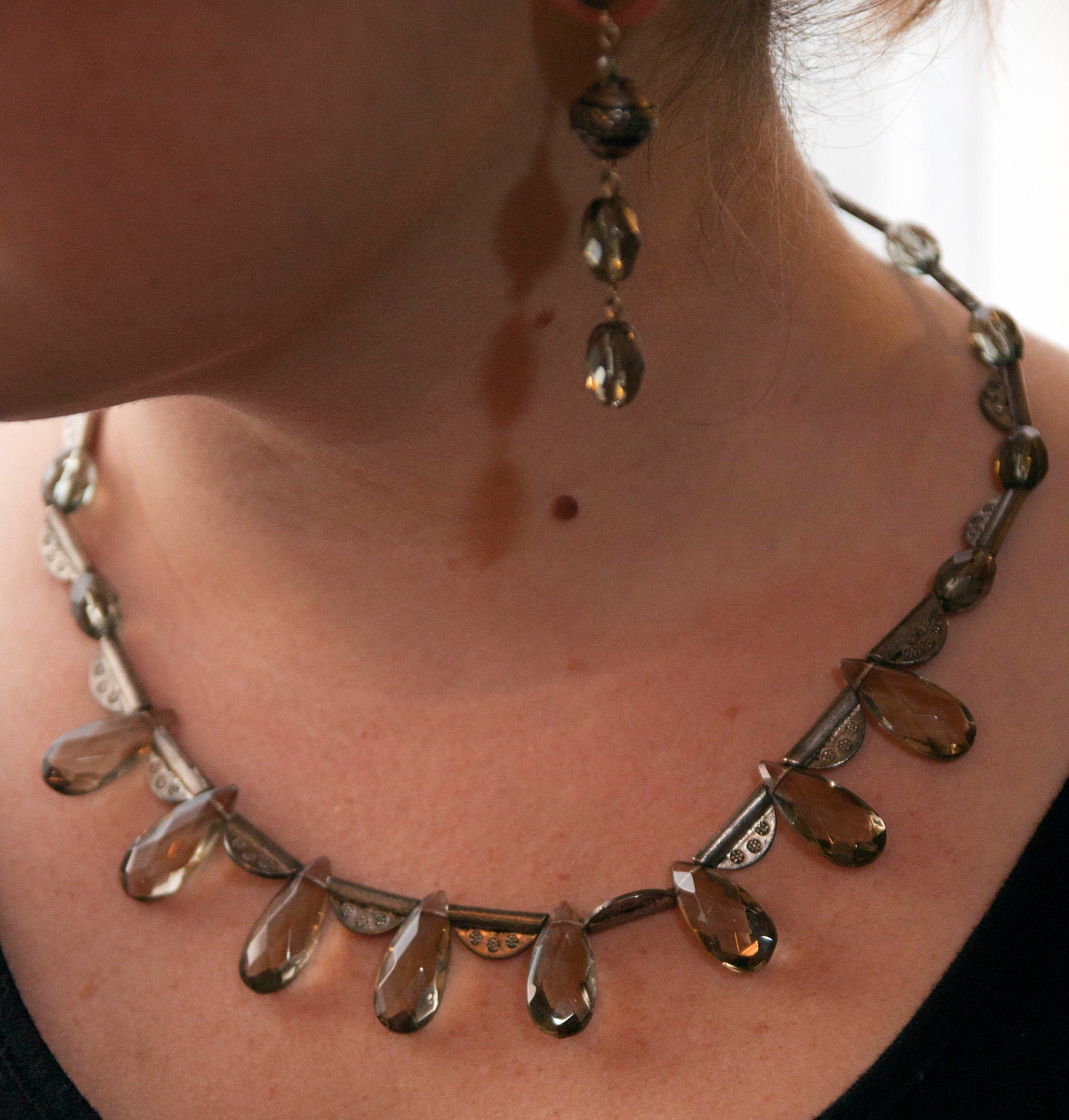 Smoky Quartz Art Deco style necklace. "Unchained Melody" Comes with matching earrings.
