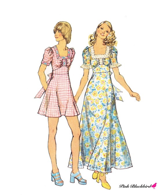 70s Maxi Dress Pattern/ 1970s Mini Dress Pattern/ by pinkblackbird