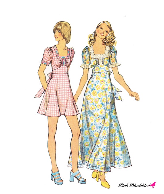 70s Maxi Dress Pattern/ 1970s Mini Dress Pattern/ by pinkblackbird