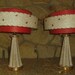 1950's Ceramic atomic Era Vintage pair of lamps with fiber glass lamp shades VLV