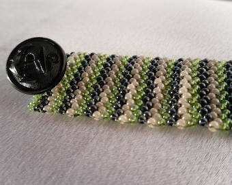 Striped Black, Green and Pearl Peyote Stitch Bracelet with Vintage Anchor Button Clasp
