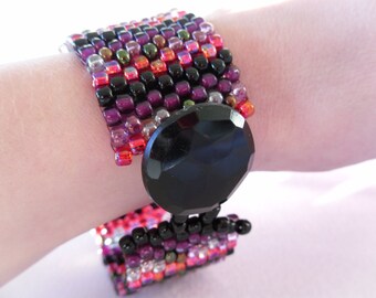 Black, Fuschia and Purple Peyote Stitch Bracelet with Vintage Black Plastic Button Clasp