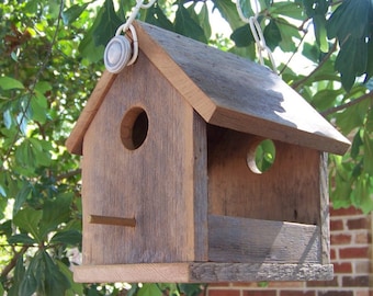 Wooden Bird House Bird Feeder, Reclaimed Natural Weathered Wood Bird Feeder, Rustic Primitive Bird Feeder