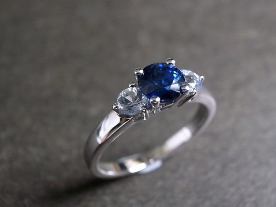 Blue Sapphire and White Sapphire Ring in 14K Gold Three Stone