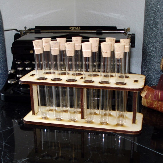 12 Test Tubes Corks and Wooden Holder Mad Scientist Lab