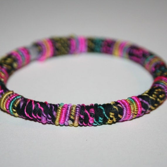 String Wrapped Recycled Bracelet in Black Pink by eclecticKel