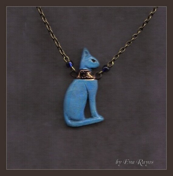 Ancient Egyptian Bastet necklace in turquoise by worldspiritart