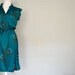 1970s Teal Dress / Short Sleeved Summer Sundress / Small Green Summer Dress / Floral Design Teal Dress