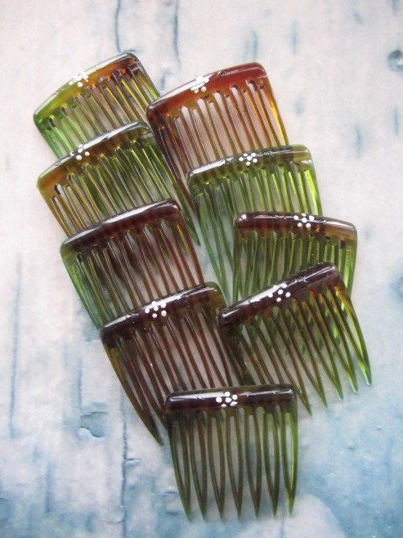 Small Plastic Hair Combs Vintage Ombre Brown and Green Set
