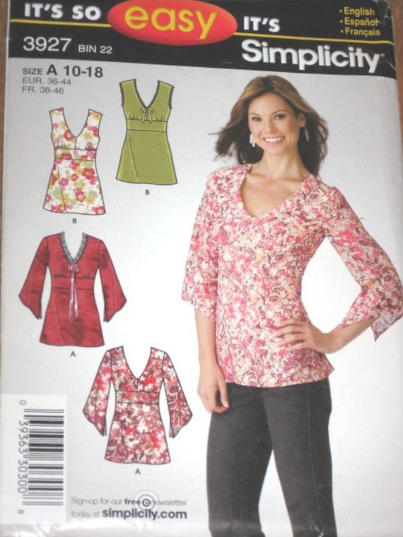 Simplicity 3927 easy sewing pattern misses shirt top 10-18 new
