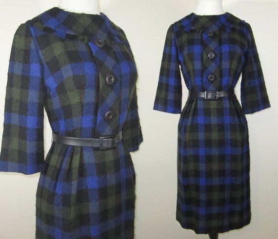 Vintage Wool Dress Leslie Fay 1950s-60s Slim Cut Plaid