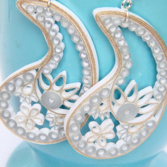 Paisley Eco Wedding Earrings Gold Silver White with Sterling Silver Earring Hooks OOAK Eco Friendly Jewelry hypoallergenic
