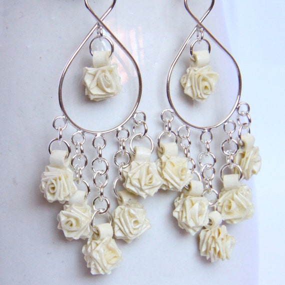 Rose Sterling Silver Chandelier Earrings Eco Wedding Tiny Ivory Roses Perfect for Bride Eco Friendly Jewelry hypoallergenic