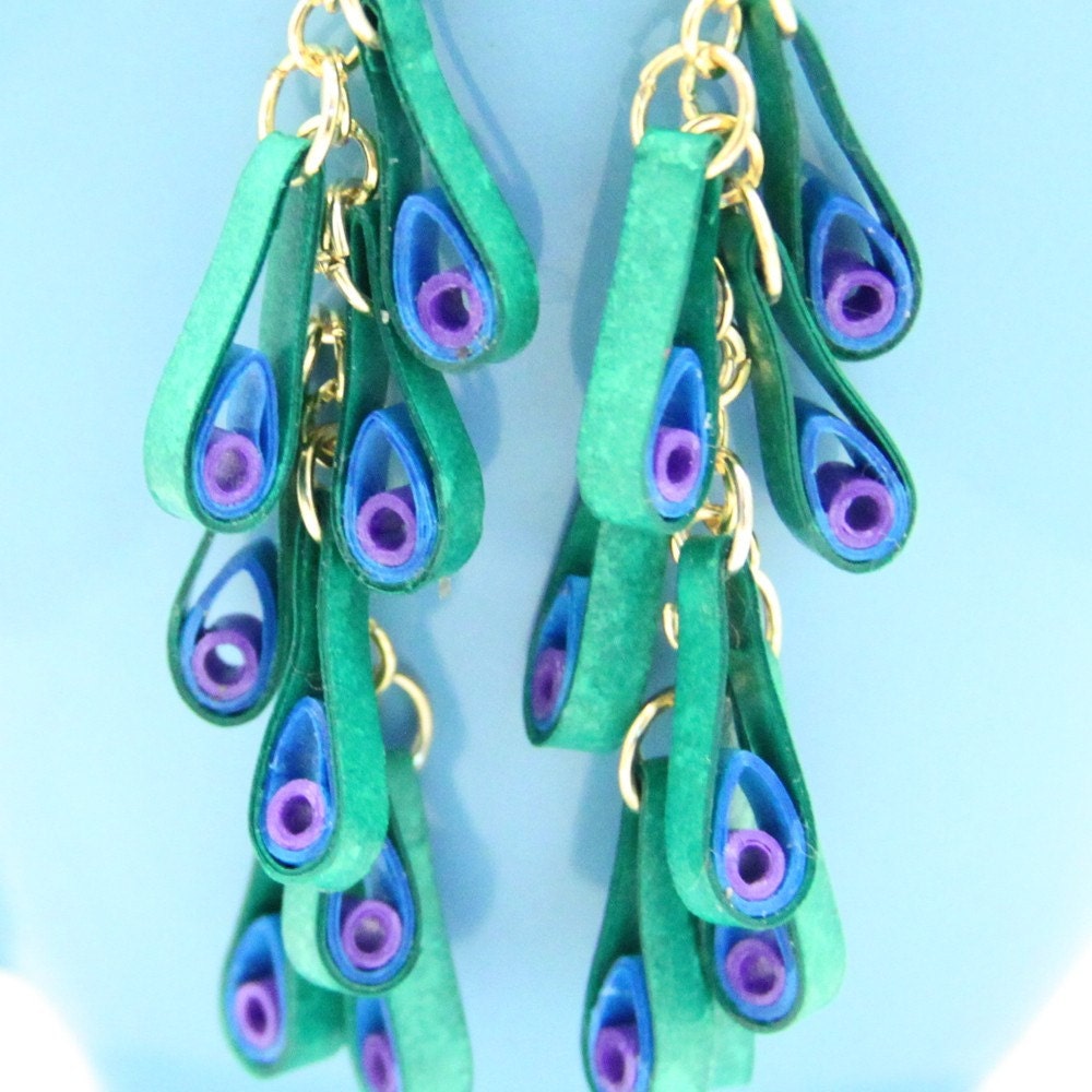 Long Dangly Peacock Earrings Paper Quilled
