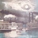 Full moon, river boat, blue, gray night scene picture. Framable Currier and Ives art print titled The Great Mississippi Steamboat Race.