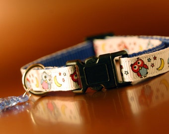 Cat Collar - Owls Pattern and Fish Charm