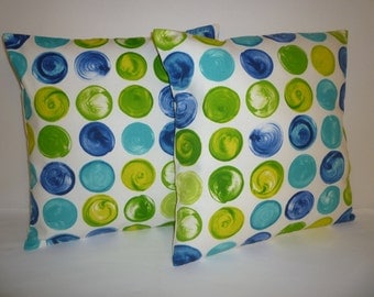 PAIR Funky Retro Spots Blue Lime Green Designer Cushion Covers. Pillowcases, Shams, Slips 16" (40cm)