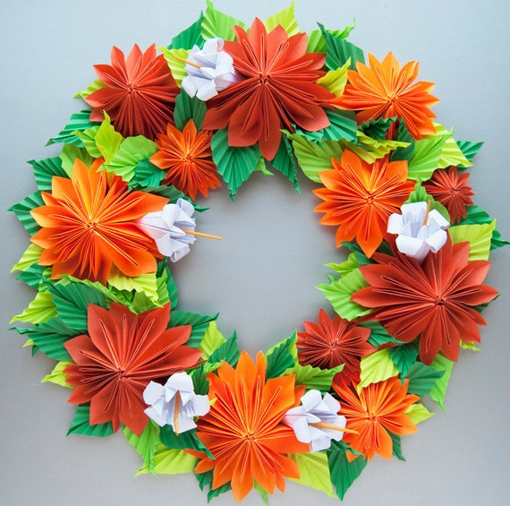 Orange Dahlia Origami Paper Wreath