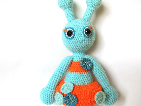 Alien girl crochet doll soft toy blue orange turquoise neon