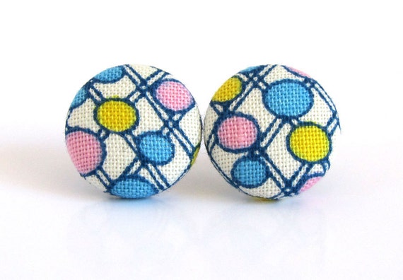 Stud earrings blue white yellow pink bright happy by KooKooCraft
