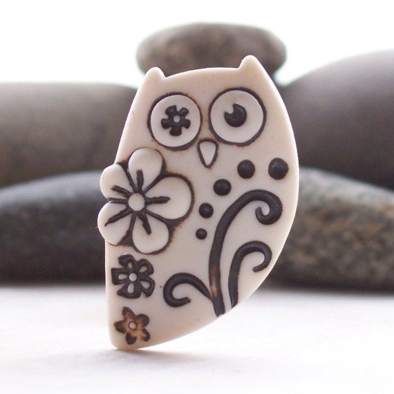 Owl Brooch Pin Handmade Porcelain Natural un glazed with flowers, dots and twirls